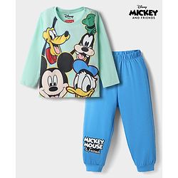 Babyhug Disney Single Jersey Knit Full Sleeves T-Shirt & Pyjama Night Suit with Mickey Mouse and Friends Graphics - Sea Green