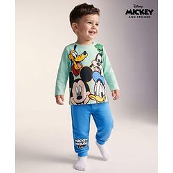 Babyhug Disney Single Jersey Knit Full Sleeves T-Shirt & Pyjama Night Suit with Mickey Mouse and Friends Graphics - Sea Green