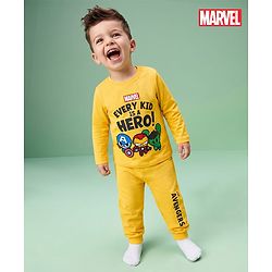 Babyhug Marvel Single Jersey Knit Full Sleeve T-shirt & Pyjama Night Suit With Avengers Graphic & Text Print - Yellow