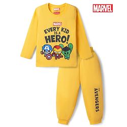 Babyhug Marvel Single Jersey Knit Full Sleeve T-shirt & Pyjama Night Suit With Avengers Graphic & Text Print - Yellow