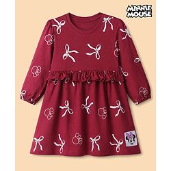 Babyhug Disney 100% Cotton Knit Frock with Full Sleeves and Minnie Mouse Print in Maroon for 6-9 Months
