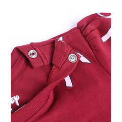 Babyhug Disney 100% Cotton Knit Frock with Full Sleeves and Minnie Mouse Print in Maroon for 6-9 Months