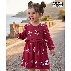 Babyhug Disney 100% Cotton Knit Frock with Full Sleeves and Minnie Mouse Print in Maroon for 6-9 Months