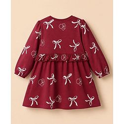 Babyhug Disney 100% Cotton Knit Frock with Full Sleeves and Minnie Mouse Print in Maroon for 6-9 Months