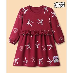 Babyhug Disney 100% Cotton Knit Frock with Full Sleeves and Minnie Mouse Print in Maroon for 6-9 Months