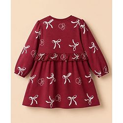 Babyhug Disney 100% Cotton Knit Frock with Full Sleeves and Minnie Mouse Print in Maroon for 6-9 Months