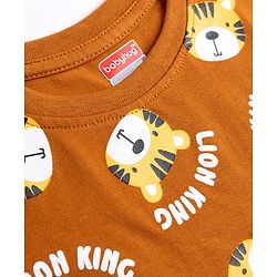 Babyhug 100% Cotton Knit Full Sleeves Co-Ords T-Shirt & Pyjama Night suit with Lion King Print - Brown