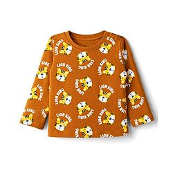 Babyhug 100% Cotton Knit Full Sleeves Co-Ords T-Shirt & Pyjama Night suit with Lion King Print - Brown