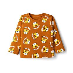 Babyhug 100% Cotton Knit Full Sleeves Co-Ords T-Shirt & Pyjama Night suit with Lion King Print - Brown