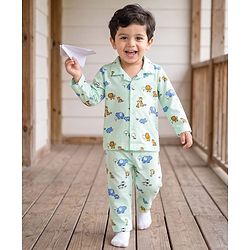 Babyhug Cotton Knit Full Sleeves Front Open Co-Ords Animals Printed Shirt & Pajama Night Suit - Sea Green