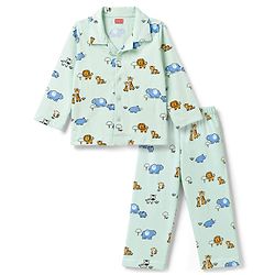 Babyhug Cotton Knit Full Sleeves Front Open Co-Ords Animals Printed Shirt & Pajama Night Suit - Sea Green