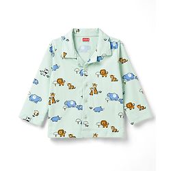 Babyhug Cotton Knit Full Sleeves Front Open Co-Ords Animals Printed Shirt & Pajama Night Suit - Sea Green