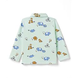 Babyhug Cotton Knit Full Sleeves Front Open Co-Ords Animals Printed Shirt & Pajama Night Suit - Sea Green