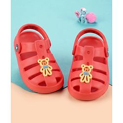 Cute Walk by Babyhug Back Strap Closure Clogs With Teddy Bear Applique - Red