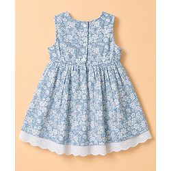 Babyhug Woven Sleeveless Floral Frock With Bow With Bloomer & Cap - White