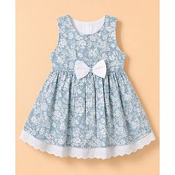 Babyhug Woven Sleeveless Floral Frock With Bow With Bloomer & Cap - White