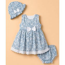 Babyhug Woven Sleeveless Floral Frock With Bow With Bloomer & Cap - White