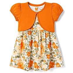 Babyhug 100% Cotton Woven Half Sleeves Floral Printed Frock With Shrug - Orange