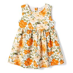 Babyhug 100% Cotton Woven Half Sleeves Floral Printed Frock With Shrug - Orange