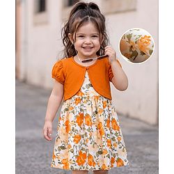 Babyhug 100% Cotton Woven Half Sleeves Floral Printed Frock With Shrug - Orange