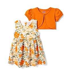 Babyhug 100% Cotton Woven Half Sleeves Floral Printed Frock With Shrug - Orange