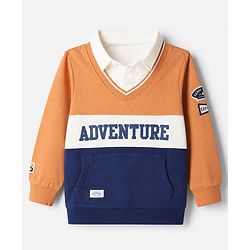 Babyhug 100% Cotton Heavy Gauge Knit Front Open Sweatshirt with Full Sleeves and Adventure Text Print in Orange