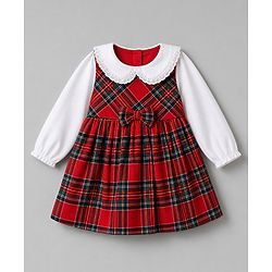 Babyhug Woven Full Sleeves Checked Frock With Bow Applique - Red