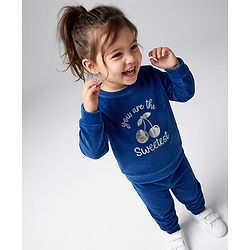 Babyhug Velour Knit Full Sleeves Text & Cherry Printed Winter Wear Suit - Navy Blue