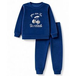 Babyhug Velour Knit Full Sleeves Text & Cherry Printed Winter Wear Suit - Navy Blue