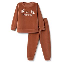 Babyhug Velour Knit Full Sleeves Text & Floral Printed Winter Wear Suit - Rust Orange