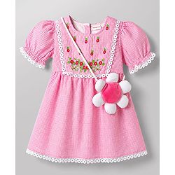 Babyhug Woven Half Sleeves Floral Embroidered & Checked Frock With Floral Applique & Lace Detailing - Pink