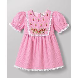 Babyhug Woven Half Sleeves Floral Embroidered & Checked Frock With Floral Applique & Lace Detailing - Pink