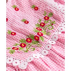 Babyhug Woven Half Sleeves Floral Embroidered & Checked Frock With Floral Applique & Lace Detailing - Pink