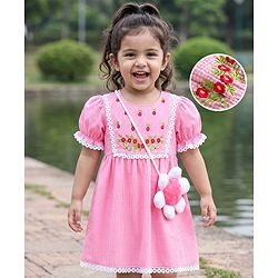 Babyhug Woven Half Sleeves Floral Embroidered & Checked Frock With Floral Applique & Lace Detailing - Pink