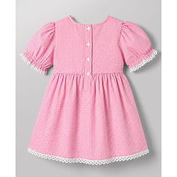 Babyhug Woven Half Sleeves Floral Embroidered & Checked Frock With Floral Applique & Lace Detailing - Pink