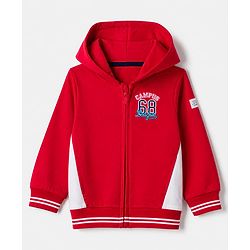 Babyhug Heavy Gauge 100% Cotton Knit Full Sleeves Hooded Sweatjacket with Front Zipper and Campus 68 League Embroidery - Red