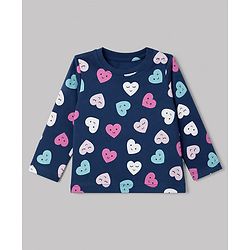 Babyhug 100% Cotton Knit Full Sleeves Co-Ords T-Shirt & Pyjama Night Suit with Heart Print - Navy Blue