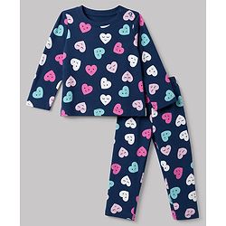 Babyhug 100% Cotton Knit Full Sleeves Co-Ords T-Shirt & Pyjama Night Suit with Heart Print - Navy Blue