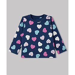 Babyhug 100% Cotton Knit Full Sleeves Co-Ords T-Shirt & Pyjama Night Suit with Heart Print - Navy Blue