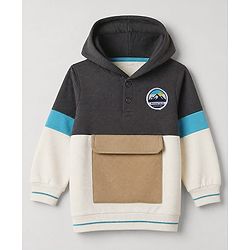 Babyhug 100% Cotton Heavy Guage Knit Hooded Sweatshirt With Full Sleeves Front Open Mountain Patch in Charcoal Grey