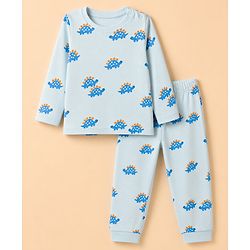 Babyhug 100% Cotton Knit Full Sleeves Co-Ords T-Shirt & Pyjama Night Suit with Tortoise Print - Aqua Blue