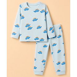 Babyhug 100% Cotton Knit Full Sleeves Co-Ords T-Shirt & Pyjama Night Suit with Tortoise Print - Aqua Blue