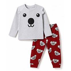 Babyhug 100% Cotton Knit Full Sleeves T-Shirt & Pyjama Night Suit with Bear Print - Grey & Red