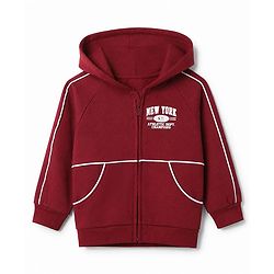 Babyhug 100% Cotton Knit Full Sleeves Hooded Sweatjackets with Raglan Sleeves and New York Athletic Dept. Champions Text Print - Maroon