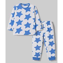 Babyhug 100% Cotton Knit Full Sleeves Co-Ords T-Shirt & Pyjama Night Suit with Star Print - Blue