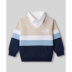 Babyhug 100% Cotton Knit Full Sleeves Sweatshirt with Brklyn New York City Embroidery and Stripes Print - Beige