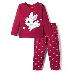 Babyhug 100% Cotton Knit Full Sleeves T-Shirts & Pajama Night Suit with Bunny Print - Maroon