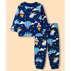 Babyhug 100% Cotton Knit Full Sleeves Co-Ords T-Shirt & Pyjama Night Suit with Vehicle Print - Blue