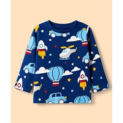 Babyhug 100% Cotton Knit Full Sleeves Co-Ords T-Shirt & Pyjama Night Suit with Vehicle Print - Blue