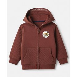 Babyhug 100% Cotton Knit Front Open Heavy Gauge Warm Quilted Full Sleeves Hooded Sweat Jacket With Tiger Patch - Brown